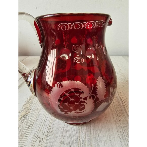 Vintage ergermann Bohemian red cut glass pitcher jug deer stag castle house scen - Picture 3 of 7